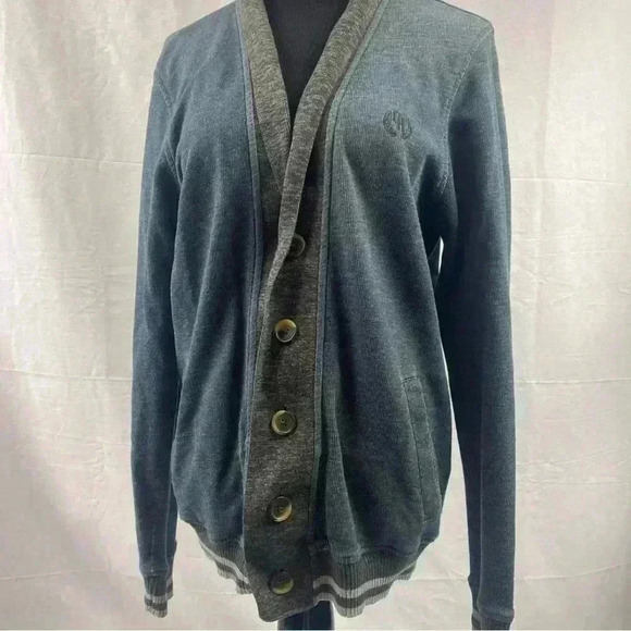 Chevignon Sweater Cardigan Blue &  Gray Winter Button Grey Warm Medium Jacket - Picture 7 of 9